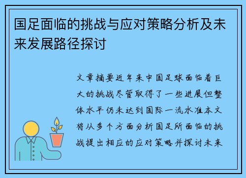 国足面临的挑战与应对策略分析及未来发展路径探讨