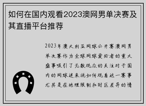 如何在国内观看2023澳网男单决赛及其直播平台推荐