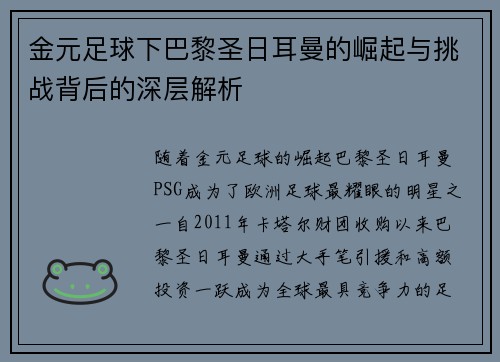 金元足球下巴黎圣日耳曼的崛起与挑战背后的深层解析