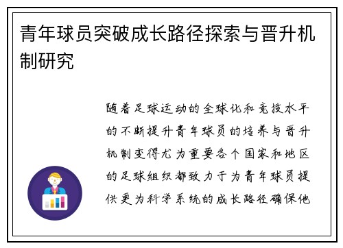 青年球员突破成长路径探索与晋升机制研究 青年球员突破成长路径探索与晋升机制研究