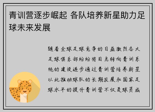青训营逐步崛起 各队培养新星助力足球未来发展 青训营逐步崛起 各队培养新星助力足球未来发展