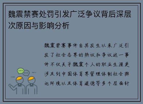 魏震禁赛处罚引发广泛争议背后深层次原因与影响分析